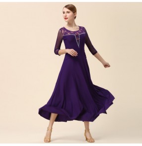Black purple violet middle mesh long sleeves lace patchwork women's ladies female competition full skirted performance ballroom tango waltz dance dresses outfits